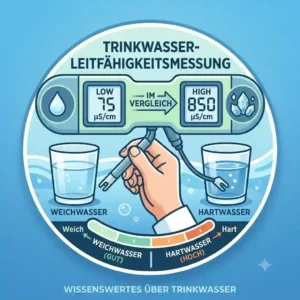 A visual comparison chart of soft vs. hard water values on the digital screen of a portable leitwertmessgeraet trinkwasser.