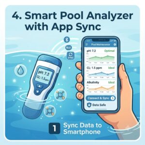 Illustration of a smart Pool Wasseranalyse Gerät syncing data to a smartphone application.