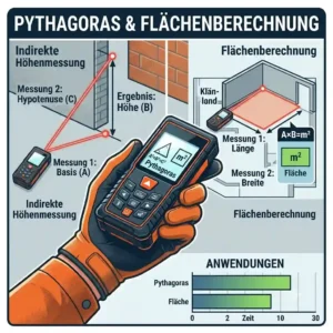 An illustration guiding users through the Pythagoras indirect calculation using a laser distanzmesser profi.