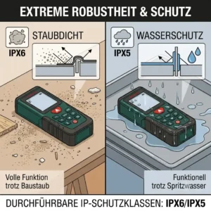 A visualization showing a robust entfernenungsmesser für handwerker with illustrations of dust and water spray, representing its IP protection class for professional use.