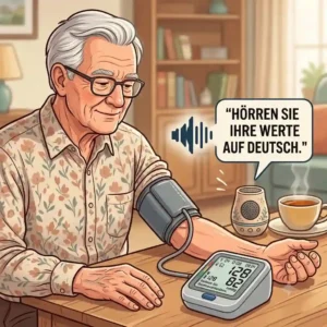 An older adult listening to a blutdruckmessgerät senioren with an integrated voice output feature speaking the results.