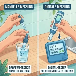 Comparison chart of a manual droplet test kit versus a digital water tester für filteranlage.