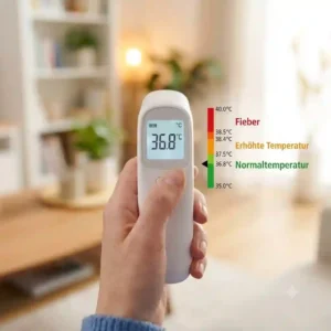 An infographic showing a body temperature scale for adults using a digital thermometer with fever ranges.