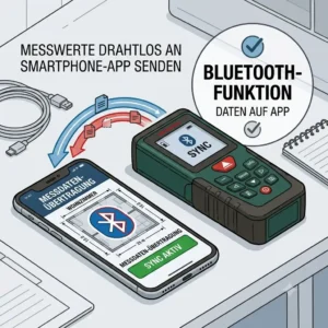 A diagram with a smartphone and an entfernenungsmesser für handwerker, visualizing the Bluetooth data transfer to a professional measurement app.