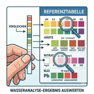 Explanatory illustration showing how to read and compare test strip results on a wasseranalyse set haushalt color scale.