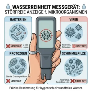Symbole für Kalk, Schwermetalle und Bakterien, die mit einem wasserreinheit messgerät nachgewiesen werden.