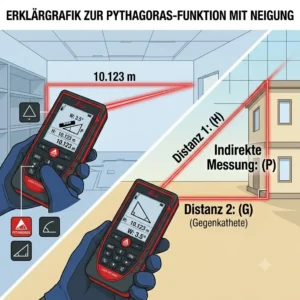 Explanatory vector graphic illustrating the Pythagoras measurement formula using a laser messgerät mit neigung.