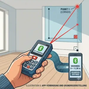 A vector illustration of a smartphone app connection and floor plan creation synced with a laser messgerät für innenräume.