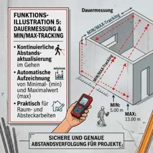 A functional graphic demonstrating the continuous measurement and min-max tracking feature of a digital laser meter für hausbau.