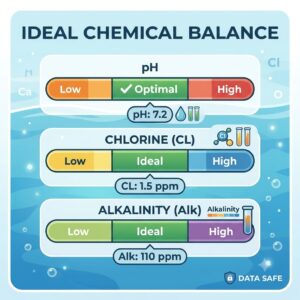 Diagram illustrating ideal chemical balance ranges as measured by the Pool Wasseranalyse Gerät.