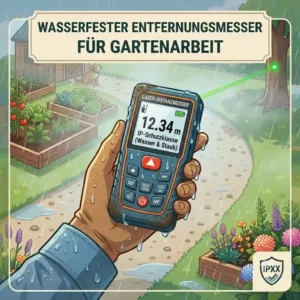 Zeichnung eines wasserfesten und staubgeschützten Laser-Distanzmessers für die Gartenarbeit