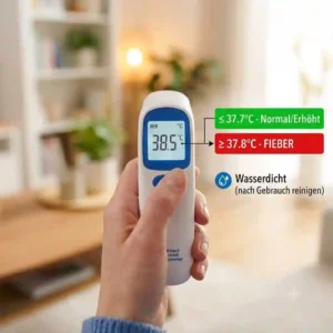 An illustration of key features of a modern digital thermometer for adults with a flexible tip and a signal tone.