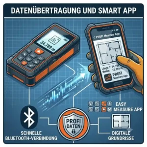 A vector graphic showing the smartphone app integration and data transfer from a laser distanzmesser profi.