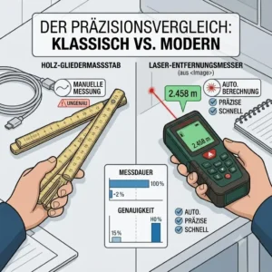 An informational graphic directly comparing a traditional wooden folding rule with a modern entfernenungsmesser für handwerker in terms of speed and accuracy.