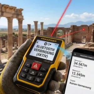 An illustration showing a präziser laser entfernungsmesser connected via Bluetooth to a smartphone application for data transfer.