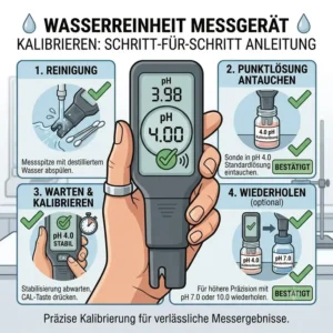 Schritt-für-Schritt-Illustration zur richtigen Kalibrierung von einem digitalen wasserreinheit messgerät.