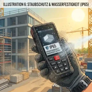 Illustration of a robust laser distance meter with camera with IP65 dust and water resistance on a building site.