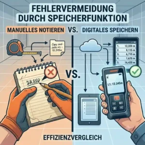 Side-by-side comparison diagram showing the efficiency of a laser entfernungsmesser mit speicher versus traditional manual paper note-taking.