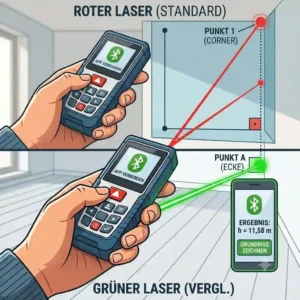 An illustration demonstrating a safe ceiling height measurement from the floor using a laser messgerät für innenräume.