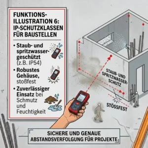 An illustration highlighting the dustproof, waterproof, and shockproof IP-protection class design of a robust laser meter für hausbau.