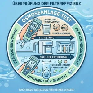 An illustration demonstrating the use of a leitwertmessgeraet trinkwasser to check the effectiveness of reverse osmosis water filtration systems.