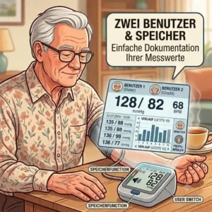 A senior looking at the stored readings on a blutdruckmessgerät senioren with memory function to track blood pressure history.