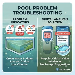 Troubleshooting guide for pool problems using results from a Pool Wasseranalyse Gerät.