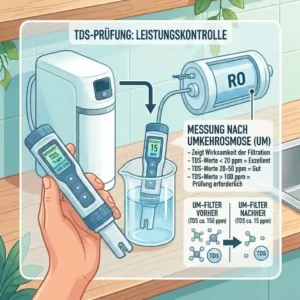 Using a handheld TDS water tester für filteranlage to verify the purity of a reverse osmosis system.