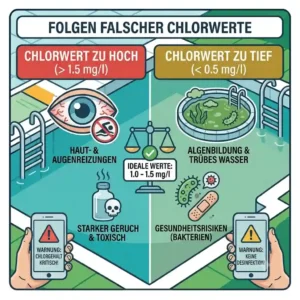 An illustration detailing the consequences of incorrect water levels detected by a chlor messgerät schwimmbad.