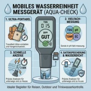 Produktgrafik eines kompakten, mobilen wasserreinheit messgerät für unterwegs und auf Reisen.