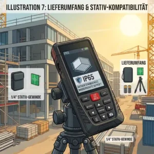 Illustration of a laser distance meter with camera mounted on a tripod for maximum stability.