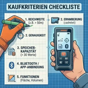 A comprehensive purchasing checklist outlining key features like range and data export options for a laser entfernungsmesser mit speicher.
