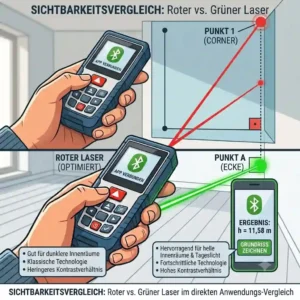A detailed comparison illustration between a red and a green laser beam visibility on a professional laser messgerät für innenräume.