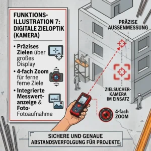 A conceptual diagram showing a laser meter für hausbau utilizing its digital camera viewfinder with zoom for precise outdoor targeting.