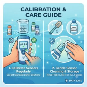 Graphic illustration detailing regular calibration and care for the sensors of a Pool Wasseranalyse Gerät.