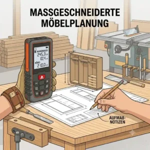 Interior designer utilizing a laser messgerät für möbel during custom furniture blueprinting