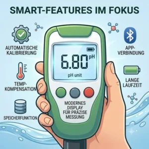 Nahaufnahme der LCD-Anzeige und Übersicht der Smart-Funktionen für das ph messgerät aquarium digital.