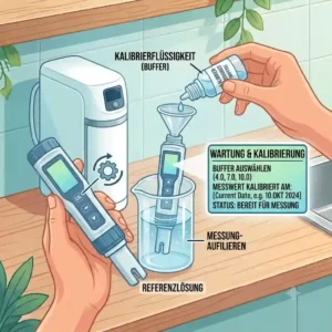 Step-by-step calibration process of a digital water tester für filteranlage using buffer solutions for accuracy.