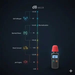Infografik über verschiedene Lärmquellen gemessen mit einem professionellen db messgerät.