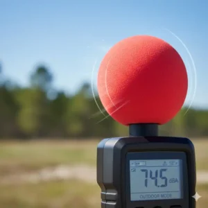 Mikrofon mit Windschutz für ein professionelles db messgerät bei Messungen im Außenbereich.